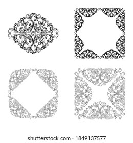 Frame and Border with baroque style. Ornament elements for your design. Black and white color. Floral engraving decoration for postcards or invitations for social media.