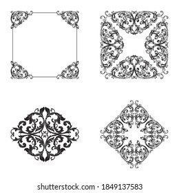 Frame and Border with baroque style. Ornament elements for your design. Black and white color. Floral engraving decoration for postcards or invitations for social media.