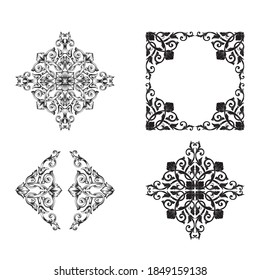 Frame and Border with baroque style. Ornament elements for your design. Black and white color. Floral engraving decoration for postcards or invitations for social media.