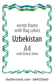 Frame and border  with the coat of arms and ribbon with the colors of the Uzbekistan flag