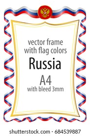 Frame and border  with the coat of arms and ribbon with the colors of the Russia flag