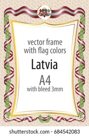 Frame and border  with the coat of arms and ribbon with the colors of the Latvia flag