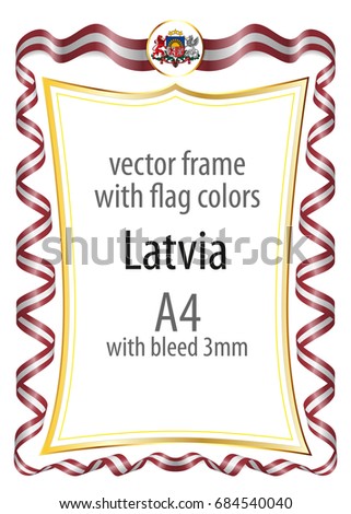 Frame and border  with the coat of arms and ribbon with the colors of the Latvia flag