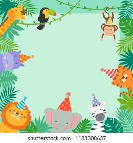 Frame Border Of Cute Jungle Animals Cartoon And Tropical Leaves For Kids Party Invitation Card Template.