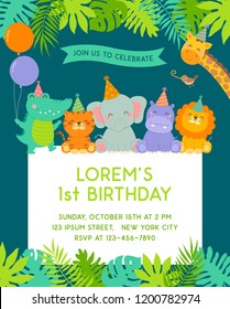 Frame Border Of Cute Jungle Animals Cartoon And Tropical Leaves For Kids Party Invitation Card Template.