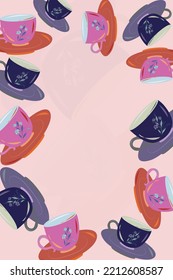Frame or border design of copper red, super pink, space cadet, dark blue gray color tea cup and saucer with tea kettle on queen piggy background. colorful and creative design for greeting card,frame.