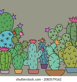 Frame or border of different Cactus plants on grey background. Doodle style vector illustration. 