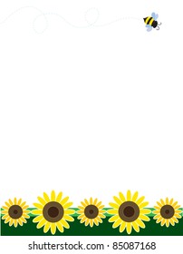 A frame or border featuring sunflowers at the bottom and a bee flying across the top