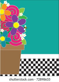 A frame or border featuring a terracotta pot full of flowers on a checkered floor. A bee is sitting on one of the flowers