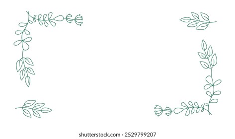 Frame, border. Floral ornament. Abstract Flowers, branches and leaves. Banner, space for text. Set of simple drawings of plants. Collection, Hand-drawn linear drawing for print, cover, card.