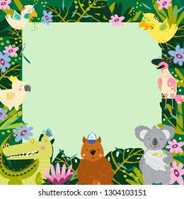 Frame border of funny jungle animals cartoon and tropical leaves for kids party invitation card template. Australian animals. 
