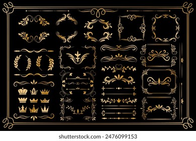 Frame border gold. Decor line ornament, golden luxury design for certificate. Royal elegant flower card, element flourish divider antique classic ornate, crown and leaves. Vector garish isolated set