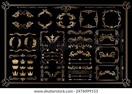 Frame border gold. Decor line ornament, golden luxury design for certificate. Royal elegant flower card, element flourish divider antique classic ornate, crown and leaves. Vector garish isolated set