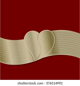 frame - border of the golden ribbon with the image of heart in the center on red background