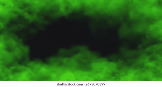 Efeito de nevoeiro verde da borda do quadro em plano de fundo escuro transparente. Nuvem de fumaça vetorial.