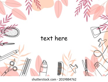 Frame, border of hairdressing tools. Hair salon accessories outline, hair dryer, comb, scissors and abstraction. Vector illustration, template for design and information.