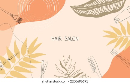 Marco, borde de herramientas de peluquería. Esbozo, peine, tijeras y abstracción de los accesorios del salón de pelo. Ilustración vectorial, plantilla de diseño e información sobre peluquería.