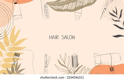 Frame, border of hairdressing tools. Hair salon accessories outline, comb, scissors and abstraction. Vector illustration, template for design and hairdresser information.