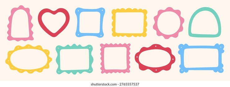 Frame border hand drawn cute set. Cute doodle frame border square, rectangle line photo picture shapes. Cartoon children kids bow scallop lace stamp retro vintage card. Vector illustration