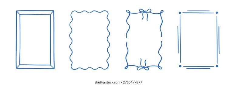 Frame border hand drawn line set. Frame border line hand drawn doodle rectangle vintage wavy bow picture. Cute whimsical decoration scallop squiggly curly wedding invitation. Vector illustration