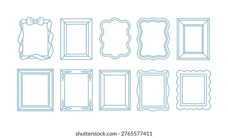 Frame border hand drawn line set. Cute whimsical decoration scallop squiggly curly wedding invitation.  Frame border line hand drawn doodle rectangle vintage wavy bow picture.Vector illustration