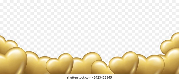 Frame or border made of 3D golden hearts. Vector illustration isolated on white background.