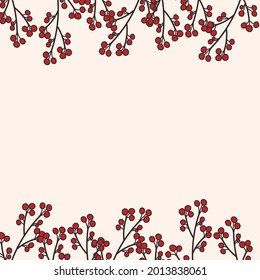 Frame or border made of autumn twigs or branches with berries. Cozy template, Stickers images of cranberries or beads.