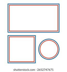 Quadro, borda composta de listras coloridas - azul, branco, vermelho. Elemento decorativo, retangular, quadrado, círculo. Tricolor francês, cor nacional. Ilustração vetorial.