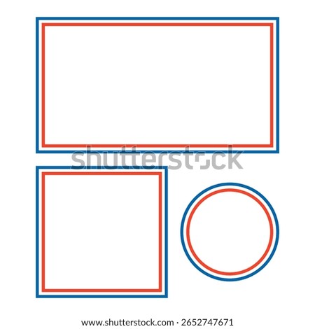 Frame, border made up of colorful stripes - blue, white, red. Decorative element, rectangular, square, circle. French tricolor, national color. Vector illustration.