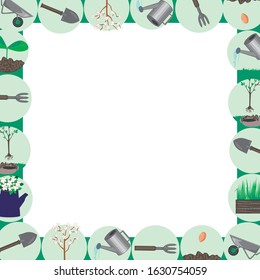 A frame or border made of garden tools and place for text. A vector stock illustration with tree planting, watering can, spade, wheelbarrow and copy space as backdrop for design.
