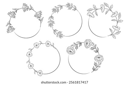 Frame and border. Minimalistic herbal botanical set of circles. Collection of trendy hand drawn flowers. Single line art. clip art.  Silhouette. Elements. Cut out. Speech bubbles. png. Background