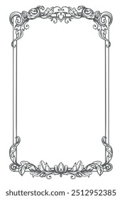 Frame border ornament. Book element, vintage ornate classic baroque pattern. Elegant label in the form of vintage filigree plant shapes. Vector empty wedding frame.