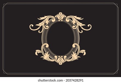 Patrón de ornamentos de marco y borde. Elementos de rotación de marco elipse con fondo negro aislado de color dorado, aplicable a la prensa escrita, monograma de boda de invitación y signo para puerta o puerta.