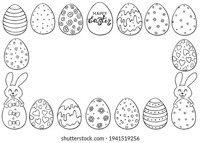 Frame, border with outline decorative Easter eggs and cute rabbits. Vector hand drawn doodle. Template, backdrop, decoration for greeting card, coloring page, invitation