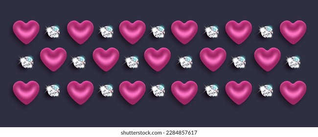Frame border pattern with purple hearts and sparkling diamonds. Packaging design for Valentine's Day, Women's Day, Anniversary, Birthday. On a dark background. Vector.