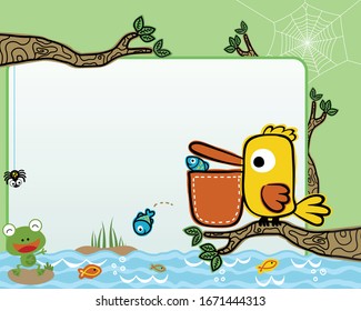 frame border of pelican cartoon on tree branches catching fishes, frog and spider, for kids party invitation card template.