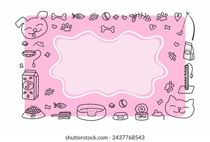 Marco, borde Mascotas, perro y gato. Dibujos de animales dibujados a mano, garabatos. Cuidado de mascotas. Postal con lugar para texto. Productos para mascotas. Concepto de promoción, venta de productos en una tienda de mascotas.