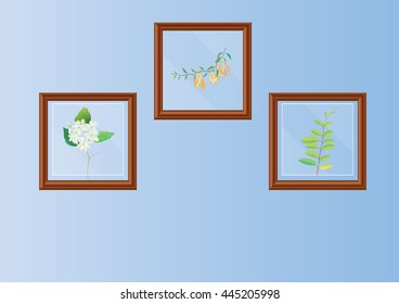 Frame border with the pictures inside ,jasmine, leaves branch, yellow flowers.