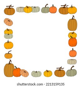 Frame or border. Pumpkin set. Different sizes and colors. Halloween celebration. Empty space for text or picture. Card, post, web banner, wedding invitation.