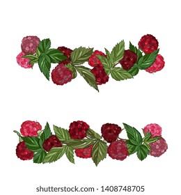 frame, border of Raspberry berries with leaves.  realistic drawing. Organic healthy food sketch. Hand drawn packaging, fruit banner, poster, label Isolated illustration on white 