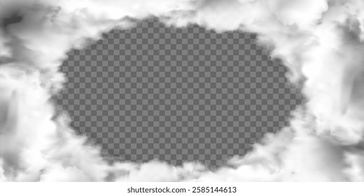 Frame border realistic fog or smoke with transparent special effect. White vector mist, smog. Vector illustration