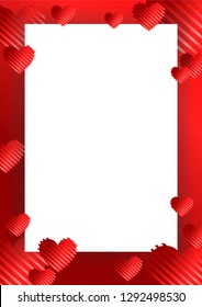 frame, border with red hearts on a red background with stripes. Vector illustration for photos, announcements, greetings, invitations,posters, gift certificates, banners