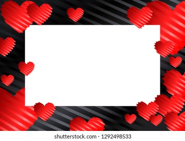 frame, border with red hearts on black background with stripes. Vector illustration for photos, announcements, greetings, invitations,posters, gift certificates, banners