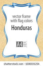 Frame and border of ribbon with the colors of the Honduras flag, template elements for your certificate and diploma. Vector, with bleed three mm.