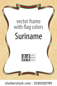 Frame and border of ribbon with the colors of the Suriname flag, template elements for your certificate and diploma. Vector, with bleed three mm.
