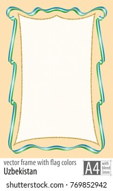 Frame and border of ribbon with the colors of the Uzbekistan flag, with protective grid. Vector, with bleed three mm.