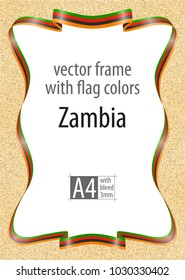 Frame and border of ribbon with the colors of the Zambia flag, template elements for your certificate and diploma. Vector, with bleed three mm.