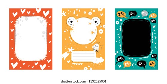 Frame, border set for baby's photo album, invitation, notepad or postcard with cute animals in cartoon style and elements. Cute frame, border. Hearts, bear, bird, speech bubbles. Vector illustration
