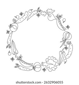 Frame, border with set of vegetables, line drawing, doodle. Vegetarian natural food. Line art icons. Healthy food. Vector graphics. Blank background with space for text.
