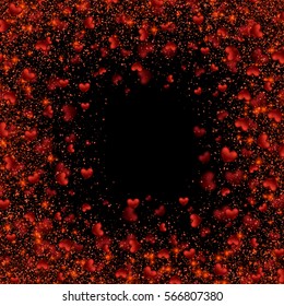 Frame Border Shiny Explosion Red Hearts. Confetti Greeting Valentine's day card. Shimmer sparkle. Vector Illustration on Black Background.